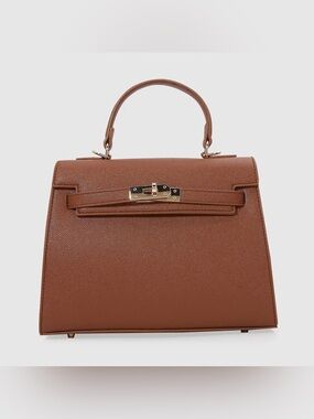 Structured Tan Top-Handle Satchel with Gold Hardware